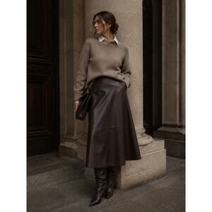 H&M Edition Dark Brown Vegan Leather High Waist Midi Skirt Flared Minimalist 12